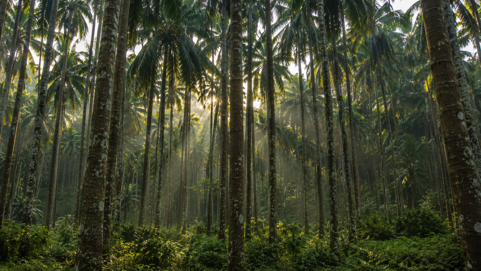Tall arecanut palms in golden light